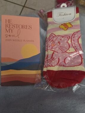 Cute Pink Cat Crew Socks with Red Accents And A Weekly Panner NWOT